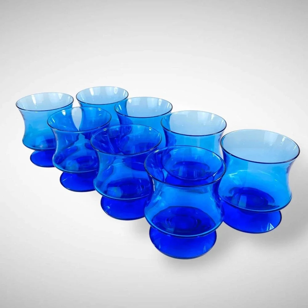 Seneca‎ Fashionables Delphine Blue Low Footed Wine Glasses Set of 8 1970s